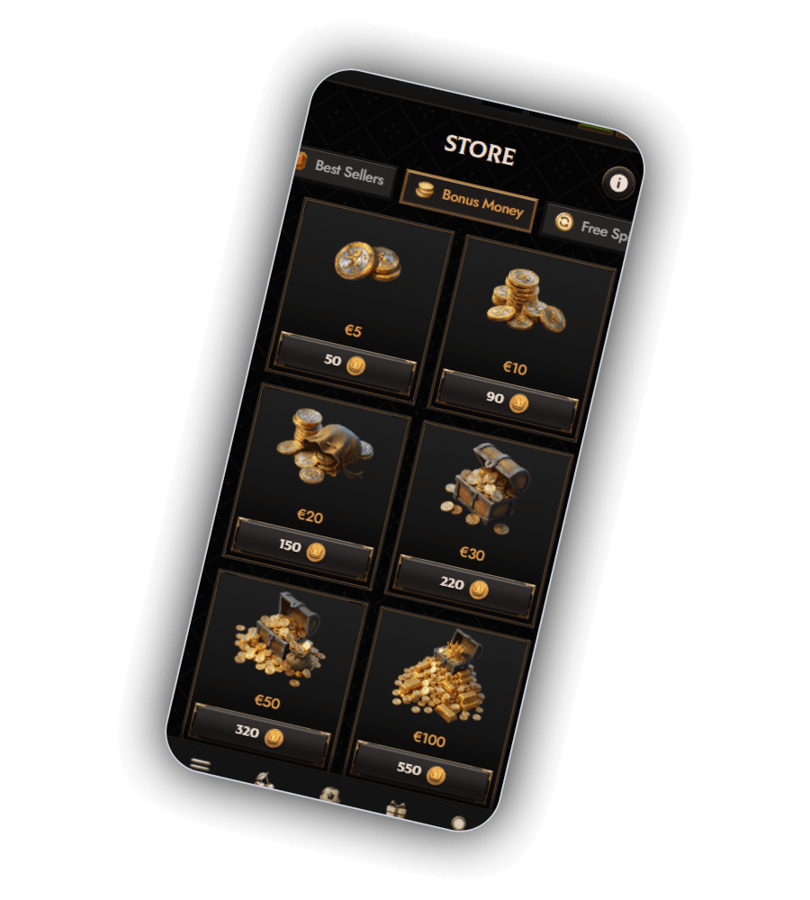 Crusado Casino bonus shop with coin balances and items redeemable inside the loyalty economy