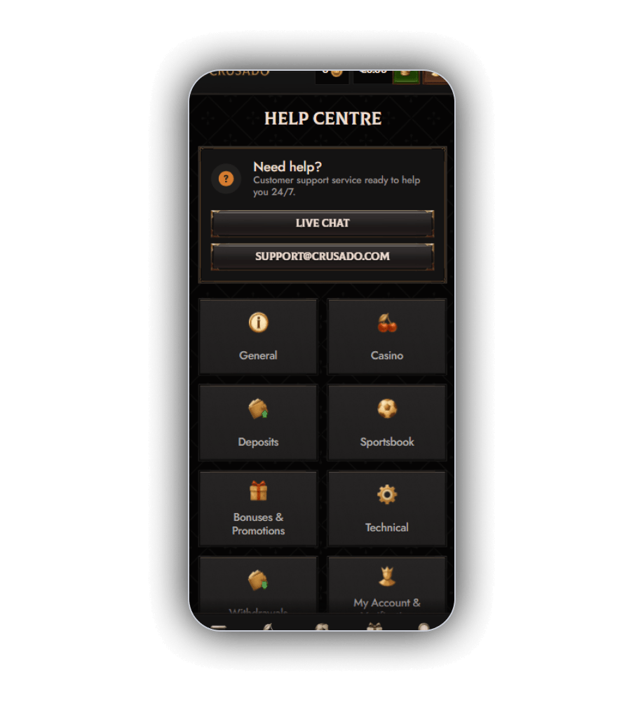 Crusado Casino contact page with the live chat option and the support email address
