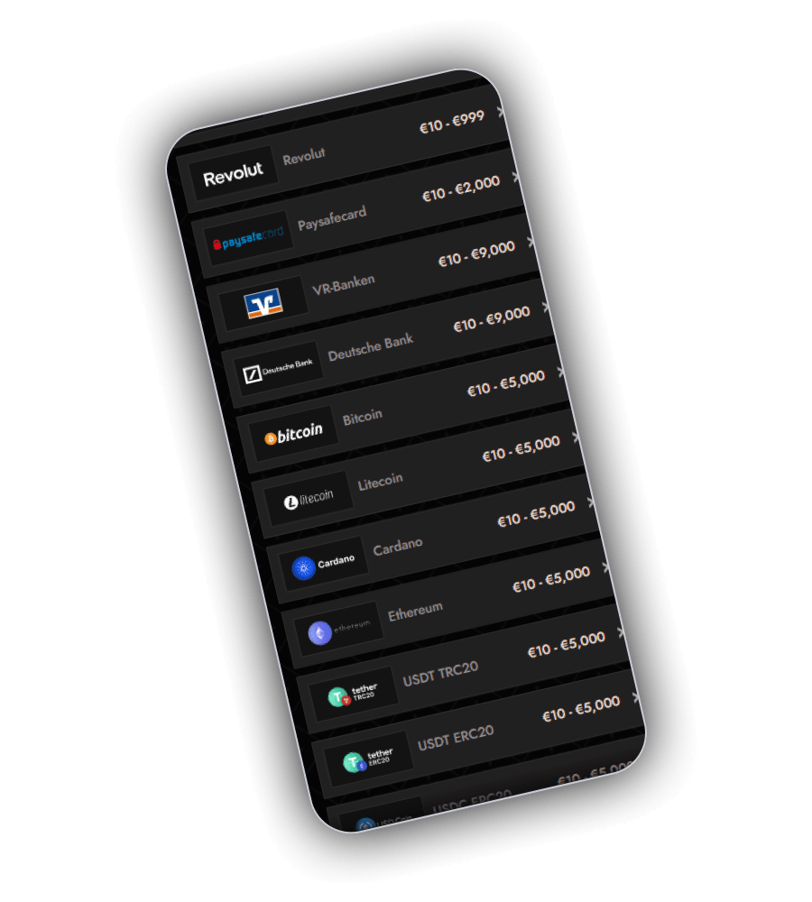 Crusado Casino payment methods panel showing cards, wallets and cryptocurrencies