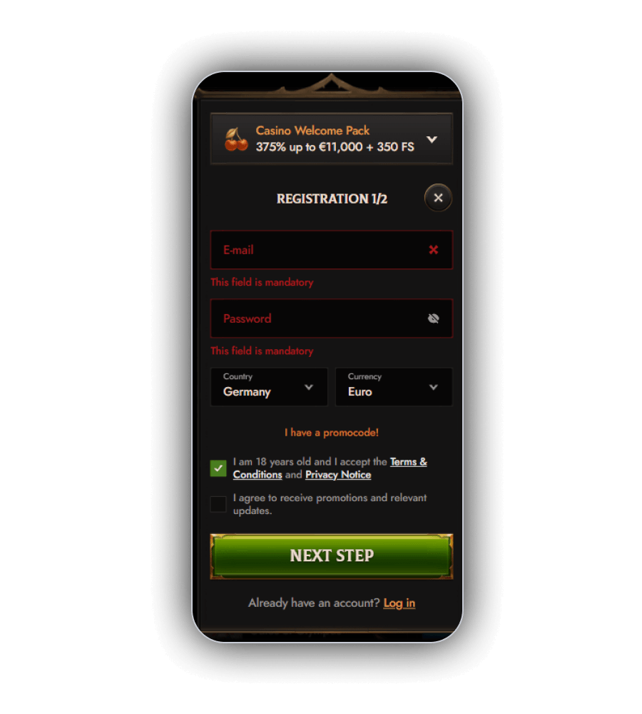 Crusado Casino registration screen with the identity fields and the age gate